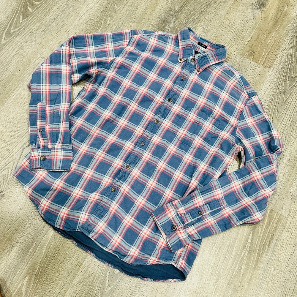 JCrew Shirt Mens Large Double Weave Blue Button Plaid Flannel Classic Fit Shirt